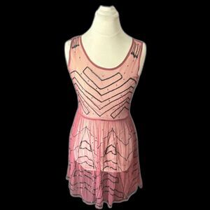 XS Free People Women's Dress Burgundy  Mesh Mini Slip Beaded Tank Boho Sheer